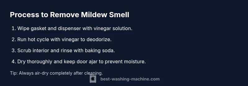 Infographic showing steps to remove mildew smell from a washing machine.