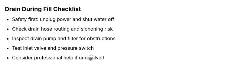 Checklist infographic showing steps to diagnose washing machine draining during fill