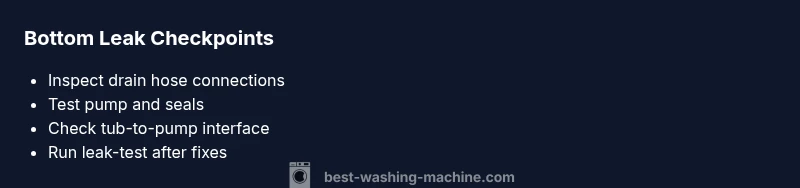 Checklist infographic showing leak checks for Samsung washer bottom leaks