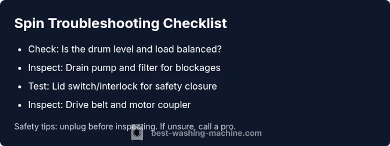 Checklist infographic on diagnosing why a washing machine won't spin